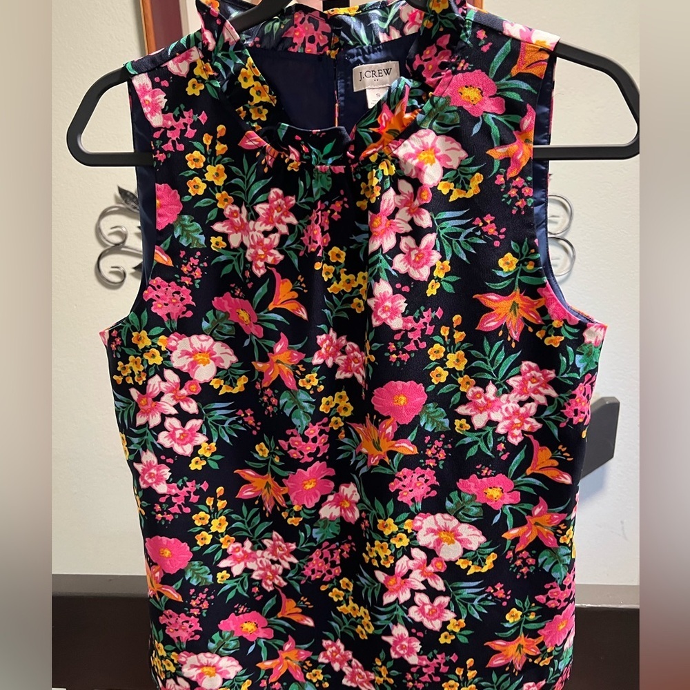 J. Crew Floral Sleeveless Blouse - Pink, Orange, Green on Navy Blue #123